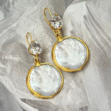 Load image into Gallery viewer, cz gold dipped coin pearl earrings
