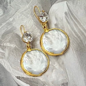 cz gold dipped coin pearl earrings