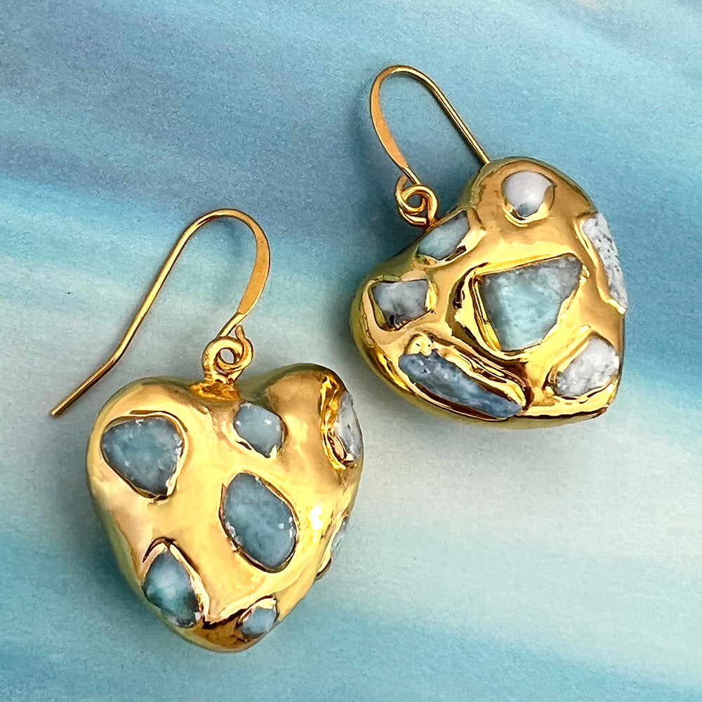 semi precious gold puffed heart earrings