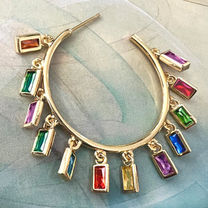 colorful big baquette cz hoop