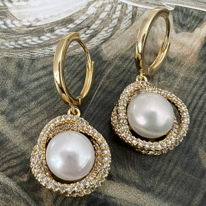 pave pearl circle earrings